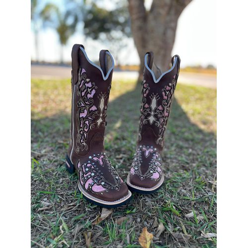 BOTA TEXANA EM COURO MARROM A LASER GLITTER ROSA +... - Botas Texanas Bruto