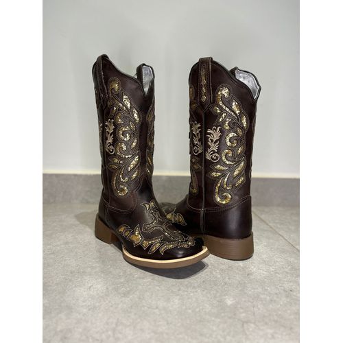 BOTA TEXANA EM COURO MARROM A LASER GLITTER DOURAD... - Botas Texanas Bruto
