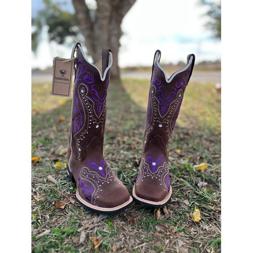 BOTA TEXANA EM COURO CAFÉ BORDADO TRIBAL ROXO - BT... - Botas Texanas Bruto