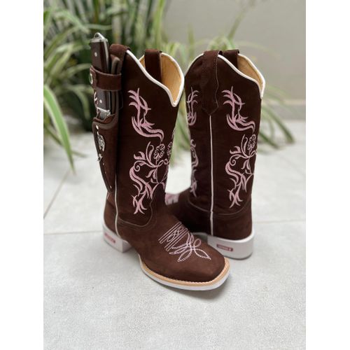 KIT TEXANA EM COURO NOBUCK BORDADO FLORES ROSA + B... - Botas Texanas Bruto