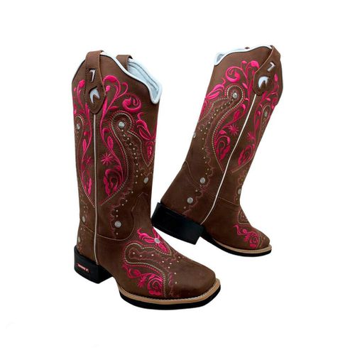 BOTA TEXANA EM COURO CAFÉ BORDADO TRIBAL ROSA - BT... - Botas Texanas Bruto