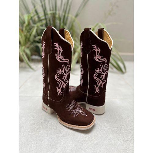 BOTA TEXANA EM COURO NOBUCK CAFÉ BORDADO FLORES E ... - Botas Texanas Bruto