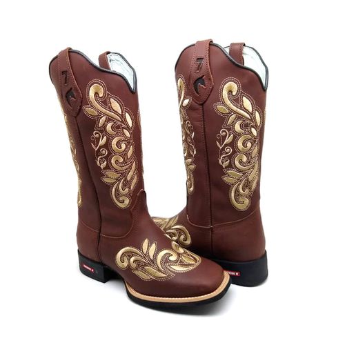 BOTA TEXANA EM COURO LÁTEGO MARROM BORDADO DOURADO... - Botas Texanas Bruto