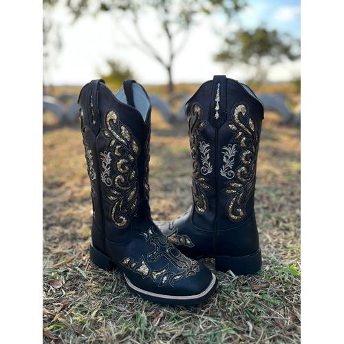 BOTA TEXANA EM COURO PRETO A LASER GLITTER DOURADO... - Botas Texanas Bruto