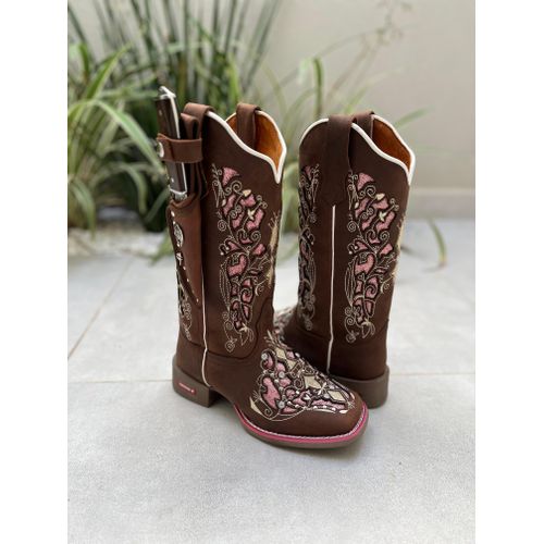 BOTA TEXANA EM COURO MARROM A LASER GLITTER ROSA +... - Botas Texanas Bruto