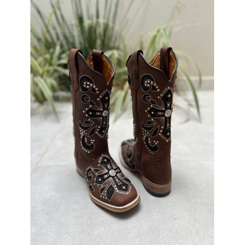 BOTA TEXANA EM COURO A LASER CRUZ GLITTER PRETO + ... - Botas Texanas Bruto