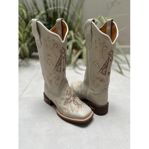 BOTA TEXANA EM COURO OFF WHITE BORDADO NOSSA SENHO... - Botas Texanas Bruto