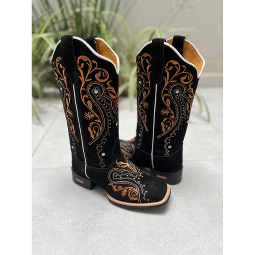 BOTA TEXANA EM COURO PRETO BORDADO TRIBAL LARANJA ... - Botas Texanas Bruto
