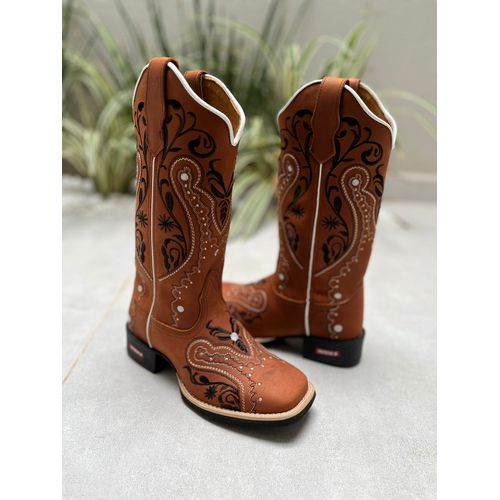 BOTA TEXANA EM COURO BORDADO TRIBAL SOLADO PRETO -... - Botas Texanas Bruto