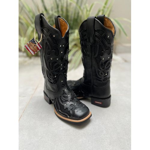 BOTA TEXANA EM COURO COM LASER GLITTER PRETO - btf... - Botas Texanas Bruto