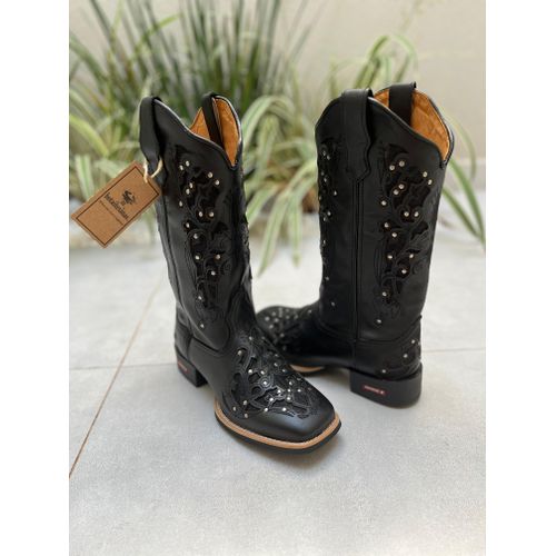 BOTA TEXANA EM COURO ALL BLACK A LASER GLITTER PRE... - Botas Texanas Bruto