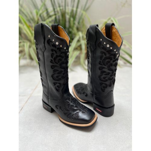 BOTA TEXANA EM COURO PRETO A LASER GLITTER PRETO C... - Botas Texanas Bruto