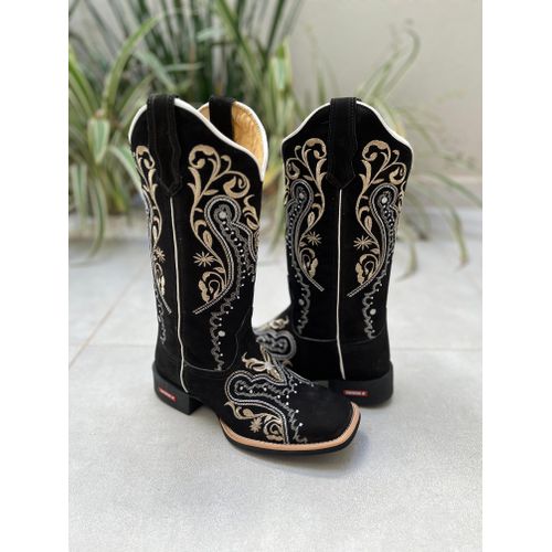 BOTA TEXANA EM COURO NOBUCK PRETO BORDADO TRIBAL -... - Botas Texanas Bruto