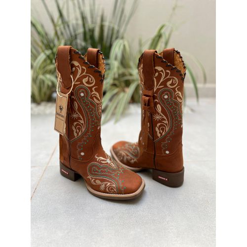 BOTA TEXANA EM COURO BORDADO TRIBAL DOURADO E VERD... - Botas Texanas Bruto