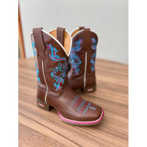 BOTA TEXANA EM COURO LÁTEGO CAFÉ BORDADO FLORES RO... - Botas Texanas Bruto