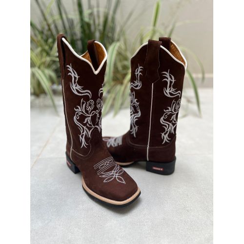 BOTA TEXANA EM COURO NOBUCK CAFÉ BORDADO FLORES E ... - Botas Texanas Bruto