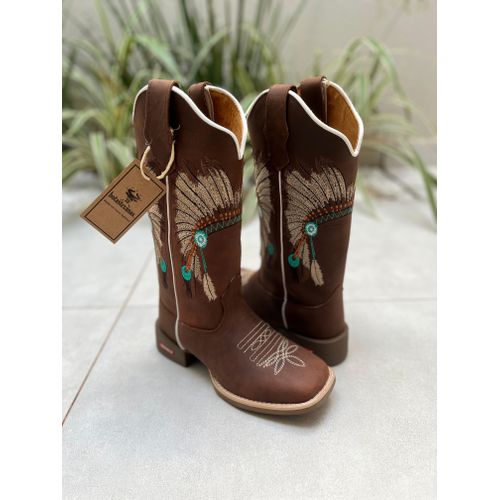 BOTA TEXANA EM COURO HORSE CAFÉ BORDADO INDIO - B... - Botas Texanas Bruto