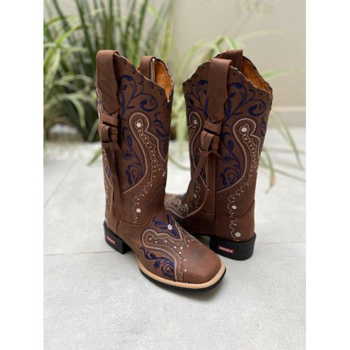 BOTA TEXANA EM COURO BORDADO TRIBAL AZUL COM TRICE... - Botas Texanas Bruto