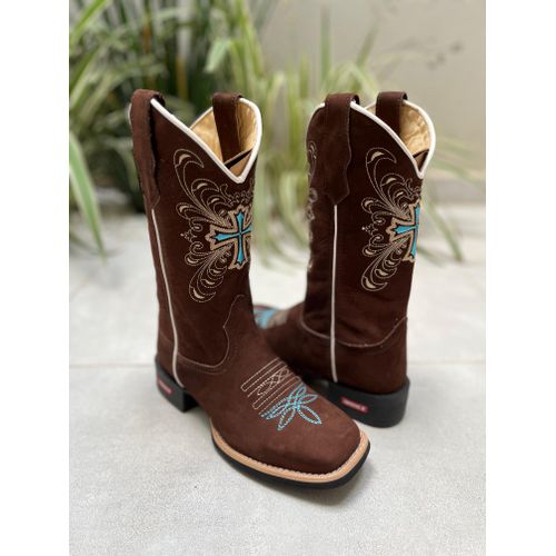 BOTA TEXANA EM COURO MARROM CRUZ AZUL E BEGE - bt... - Botas Texanas Bruto