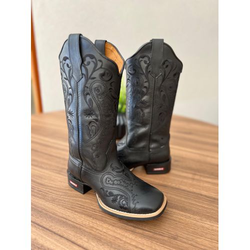BOTA TEXANA EM COURO PRETO BORDADO TRIBAL ALL BLAC... - Botas Texanas Bruto