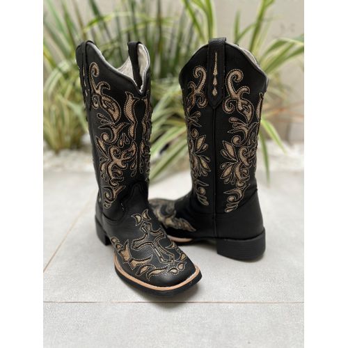 BOTA TEXANA EM COURO PRETO A LASER GLITTER DOURADO... - Botas Texanas Bruto