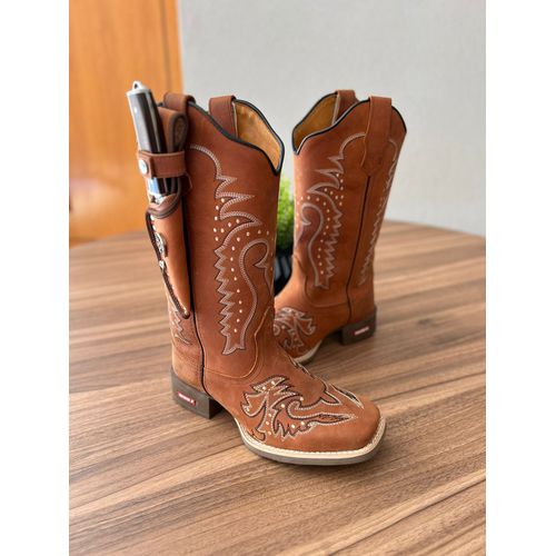 KIT BOTA TEXANA EM COURO HORSE TELHA BORDADA + BAI... - Botas Texanas Bruto