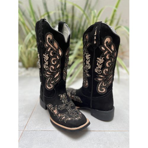BOTA TEXANA EM COURO PRETO NOBUCK A LASER GLITTER ... - Botas Texanas Bruto