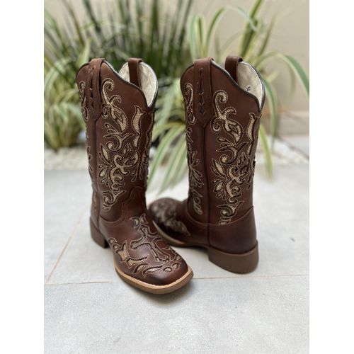 BOTA TEXANA EM COURO MARROM A LASER GLITTER DOURAD... - Botas Texanas Bruto