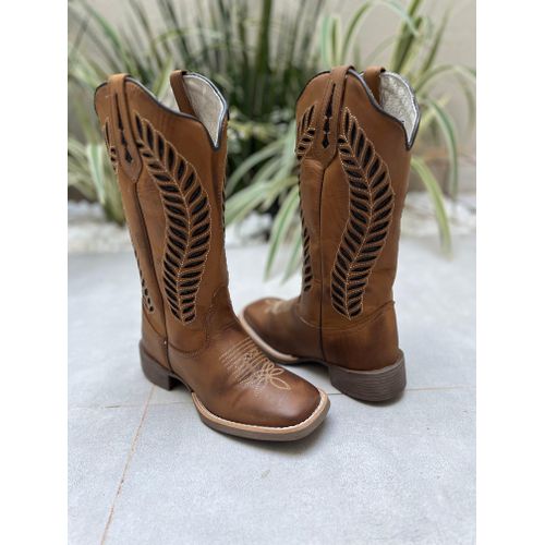 BOTA TEXANA EM COURO CARAMELO A LASER GLITTER PRET... - Botas Texanas Bruto