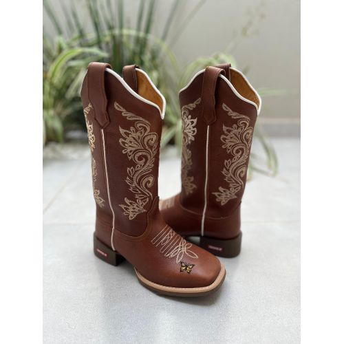 BOTA TEXANA EM COURO BORDADO DOURADO COM BORBOLETA... - Botas Texanas Bruto