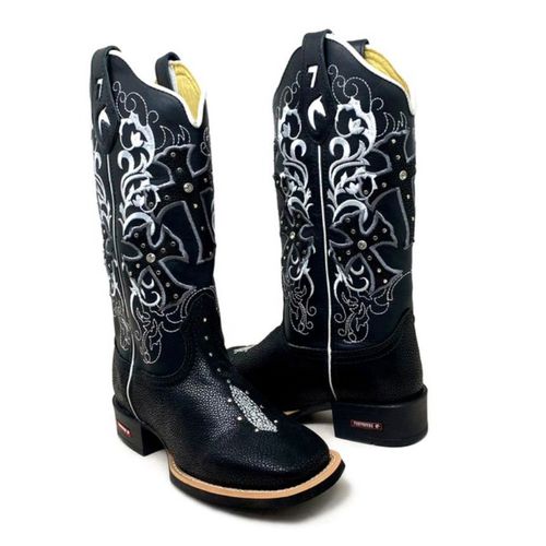 BOTA TEXANA EM COURO PRETO ESTILIZADO EM ARRAIA BO... - Botas Texanas Bruto