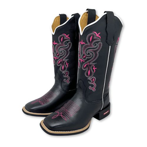 BOTA TEXANA GABRIELA EM COURO PRETO BORDADO ROSA E... - Botas Texanas Bruto