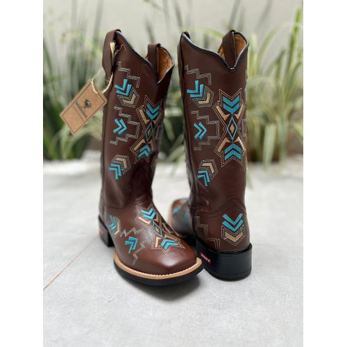 BOTA TEXANA EM COURO BORDADO FLECHAS AZUL E DOURAD... - Botas Texanas Bruto