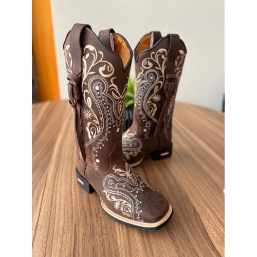 BOTA TEXANA EM COURO CAFE BORDADO TRIBAL COM CORDI... - Botas Texanas Bruto