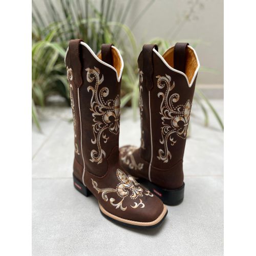 BOTA TEXANA EM COURO CAFÉ BORDADO DOURADO E BEGE -... - Botas Texanas Bruto
