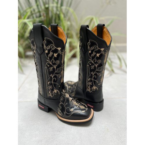 BOTA TEXANA EM COURO PRETO BORDADO PRETO E DOURADO... - Botas Texanas Bruto