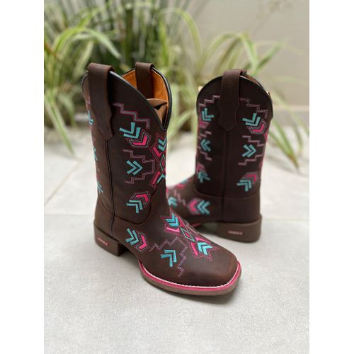 BOTA TEXANA EM COURO CAFÉ BORDADO SETAS COM VIRA R... - Botas Texanas Bruto