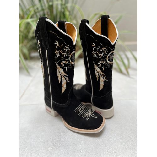 BOTA TEXANA EM COURO PRETO NOBUCK BORDADO FILTRO D... - Botas Texanas Bruto