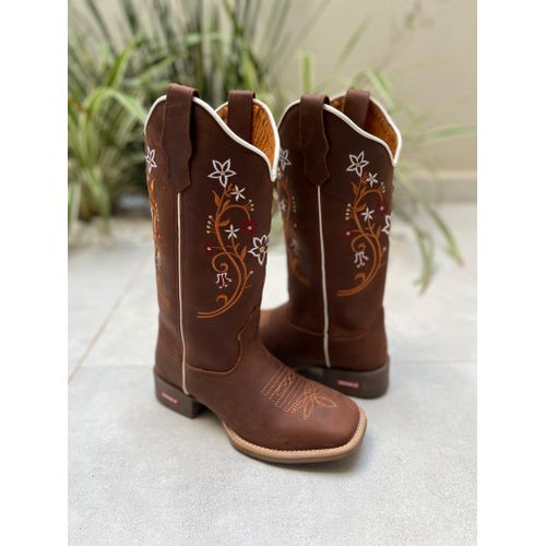 BOTA TEXANA EM COURO HORSE CAFÉ BORDADO FLORES - B... - Botas Texanas Bruto