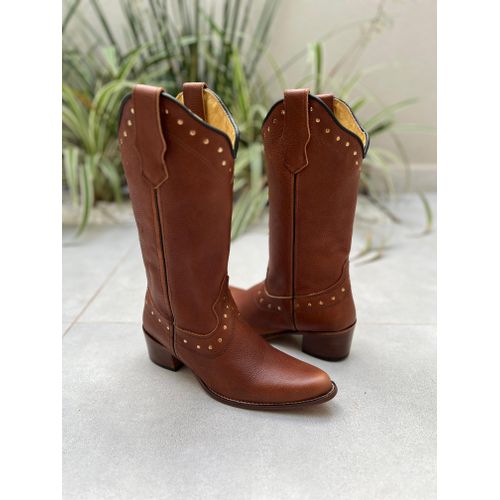 BOTA TEXANA EM COURO MARROM COM METAIS BICO FINO ... - Botas Texanas Bruto