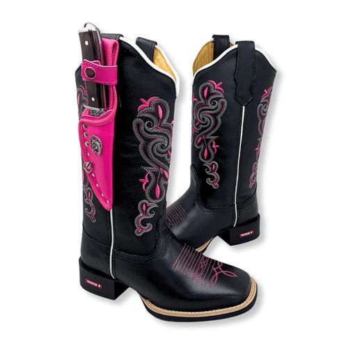 BOTA TEXANA GABRIELA EM COURO PRETO BORDADO ROSA E... - Botas Texanas Bruto