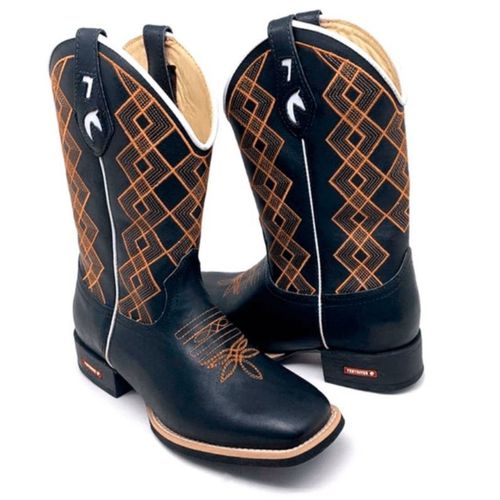 BOTA TEXANA EM COURO PRETO BORDADO QUADRICULADO - ... - Botas Texanas Bruto