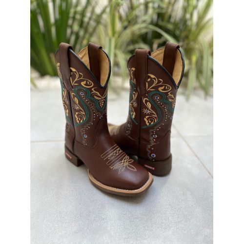 BOTA TEXANA EM COURO BORDADO TRIBAL VERDE E DOURAD... - Botas Texanas Bruto