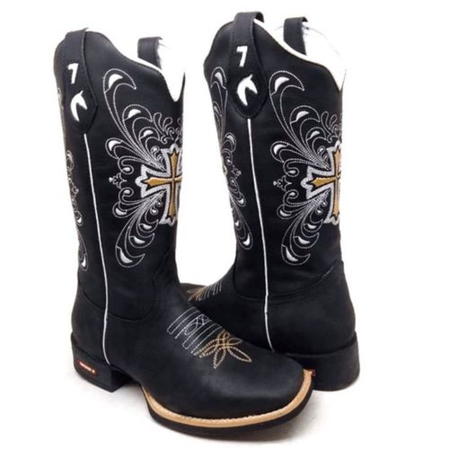 BOTA TEXANA EM COURO PRETA CRUZ DOURADA E BRANCA -... - Botas Texanas Bruto