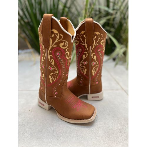 BOTA TEXANA EM COURO BORDADO TRIBAL ROSA E BEGE SO... - Botas Texanas Bruto