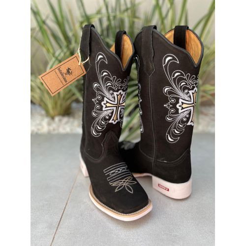BOTA TEXANA EM COURO PRETA CRUZ DOURADA E BRANCA S... - Botas Texanas Bruto