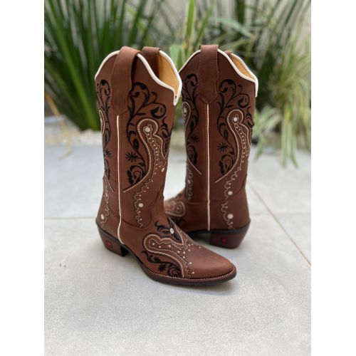 BOTA TEXANA EM COURO BORDADO TRIBAL PRETO E BRANCO... - Botas Texanas Bruto