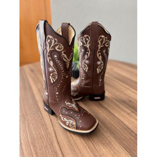 BOTA TEXANA EM COURO LATEGO BORDADO TRIBAL BEGE/PR... - Botas Texanas Bruto