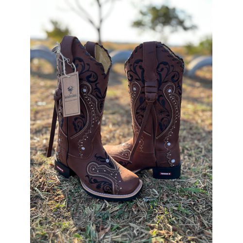 BOTA TEXANA EM COURO MARROM BORDADO TRIBAL COM TRI... - Botas Texanas Bruto