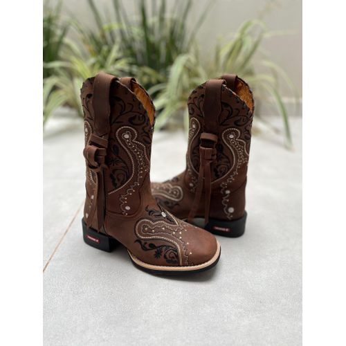 BOTA TEXANA EM COURO MARROM BORDADO TRIBAL COM TRI... - Botas Texanas Bruto